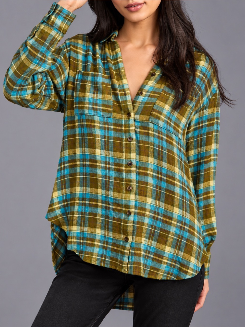 Anthropologie Pilcro The Hadley Olive Teal Plaid Flannel Top Soft Cozy Size M